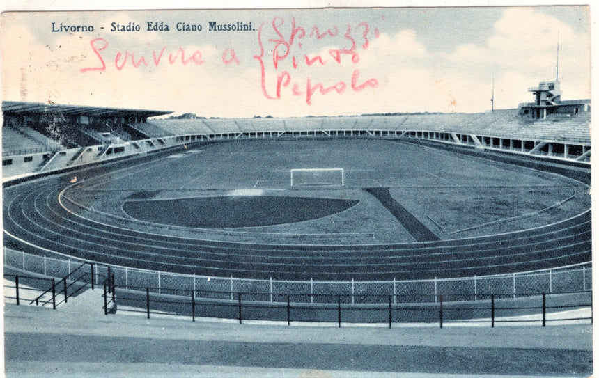 Cartolina antica Livorno stadio Edda Ciano Mussolini per Bologna