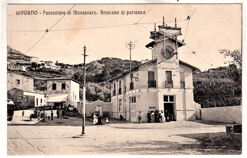 Cartolina antica Livorno funicolare Montenero stazione di partenza