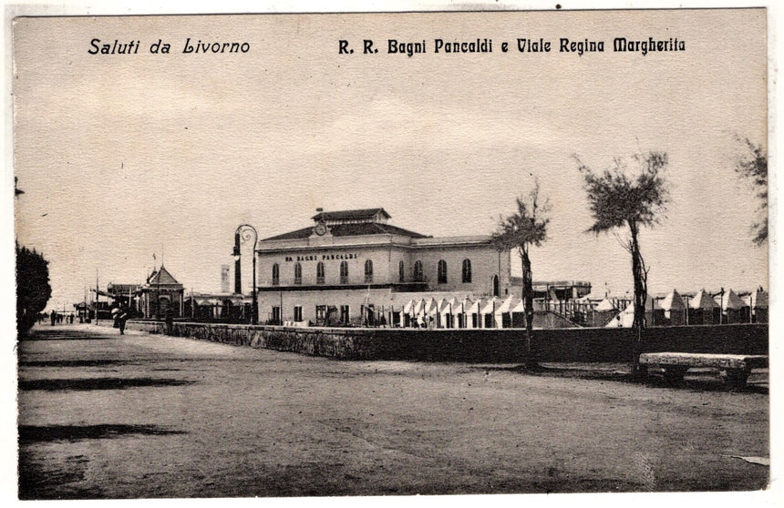 Cartolina antica Livorno Reggie bagni Pancaldi e viale R. Margherita