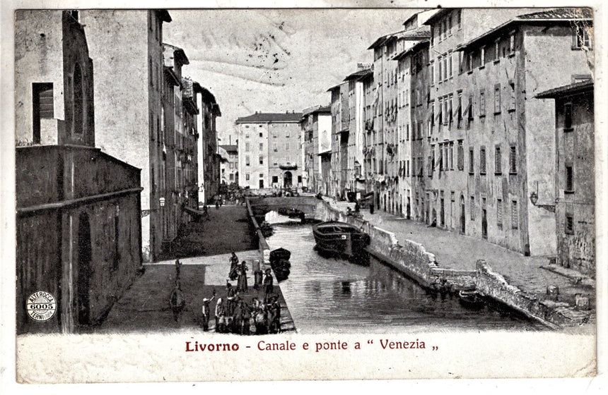 Cartolina antica Livorno canale e ponte a " Venezia "