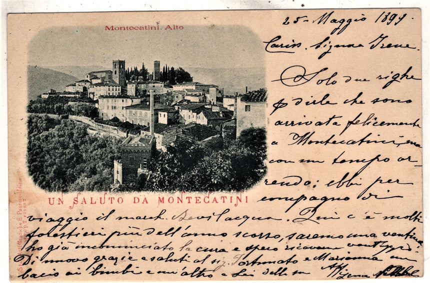 Cartolina antica Montecatini Altopanorama nel 1899 per Milano