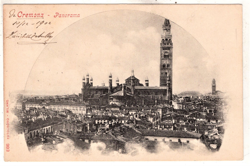 Cartolina antica Cremona  panorama spedita a nobile Venezia