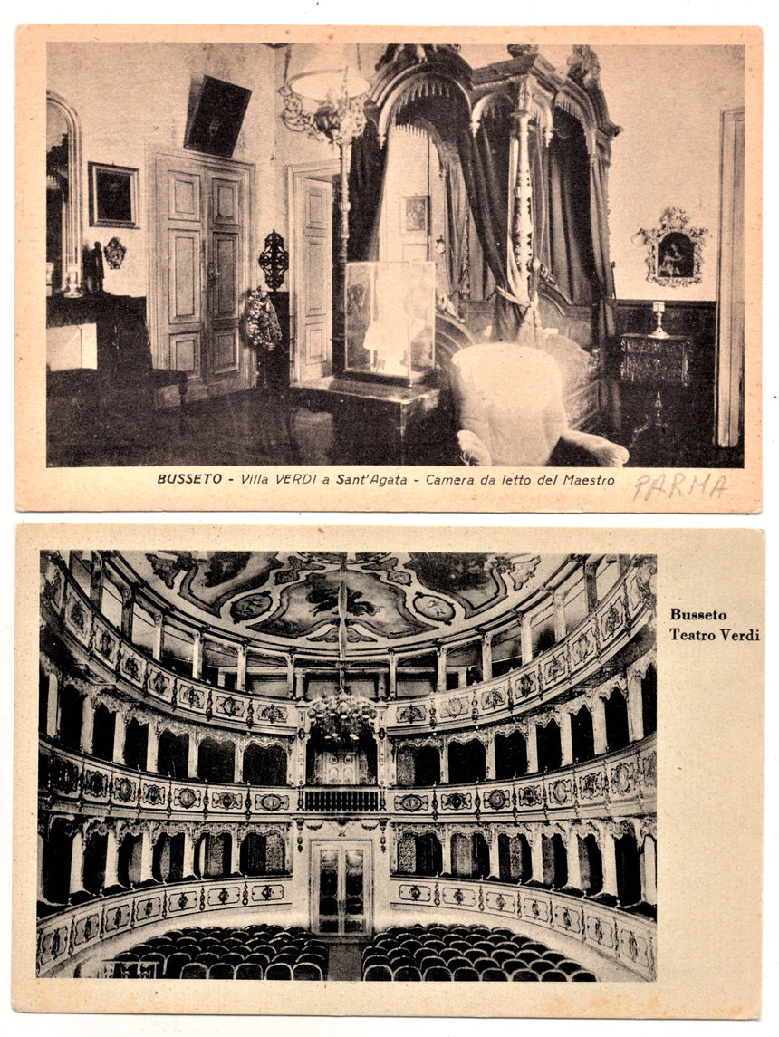 Cartolina antica Bussetto teatro Verdi e villa Verdi a Sant Agata Parma