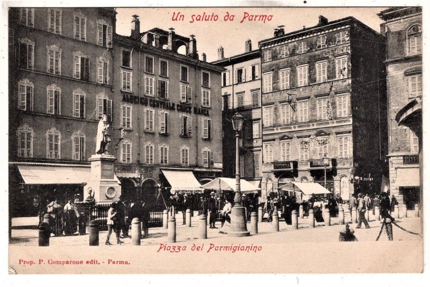 Cartolina antica Parma un saluto Piazza del Parmigianino