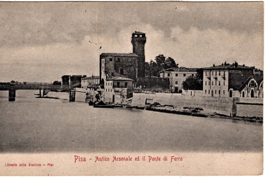 Cartolina antica Pisa antico arsenale e ponte in ferro