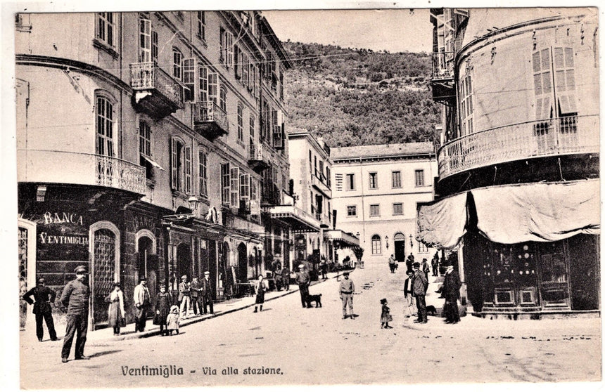 Cartolina antica Ventimiglia via alla stazione