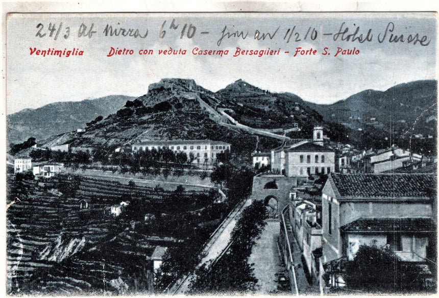 Cartolina antica Ventimiglia panorama e vecchia caserma dei Bersaglieri