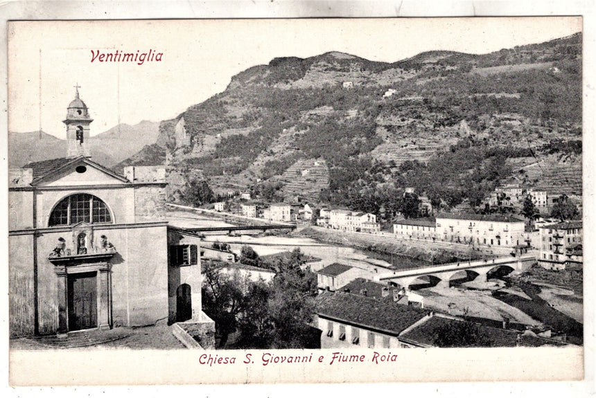 Cartolina antica Ventimiglia chiesa San Giovanni e fuime Roia