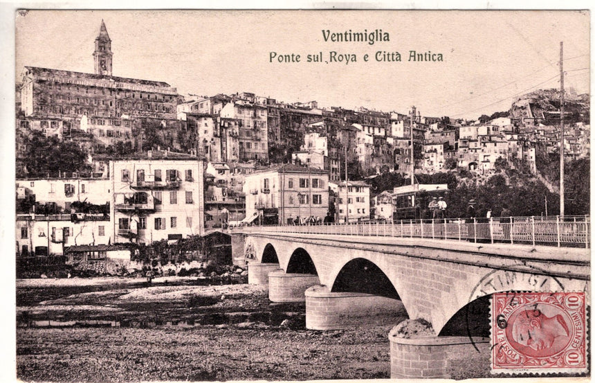 Cartolina antica Ventimiglia ponte sul Roya e città antica