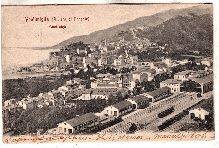 Cartolina antica Ventimiglia panorama con stazione sped. A Paris