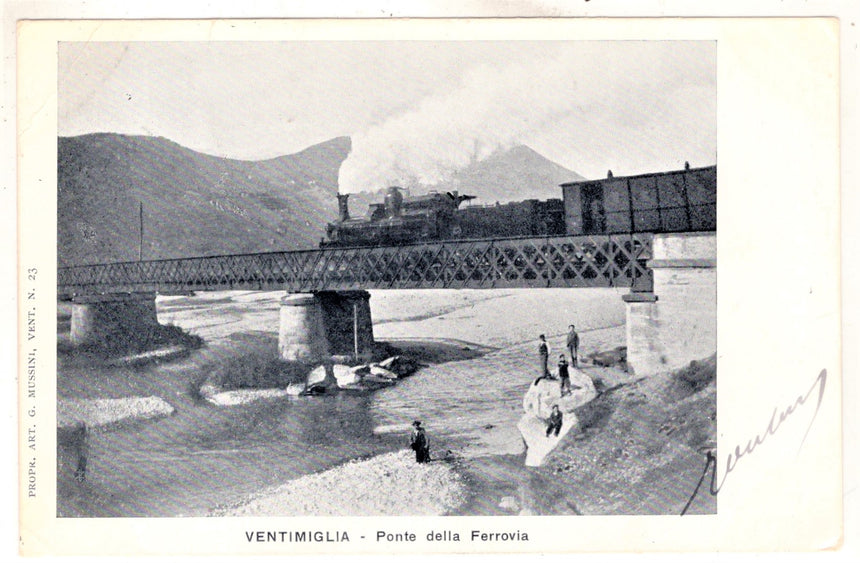 Cartolina antica Ventimiglia treno sul ponte della ferrovia