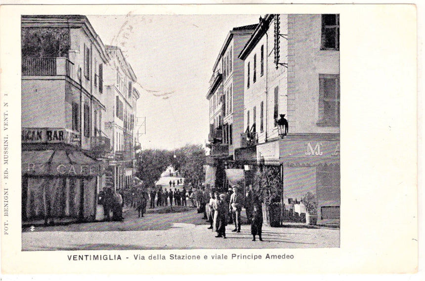 Cartolina antica Ventimiglia via della stazione e viale princ. Amedeo