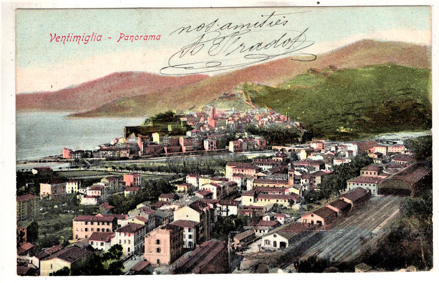 Cartolina antica Ventimiglia panorama con stazione