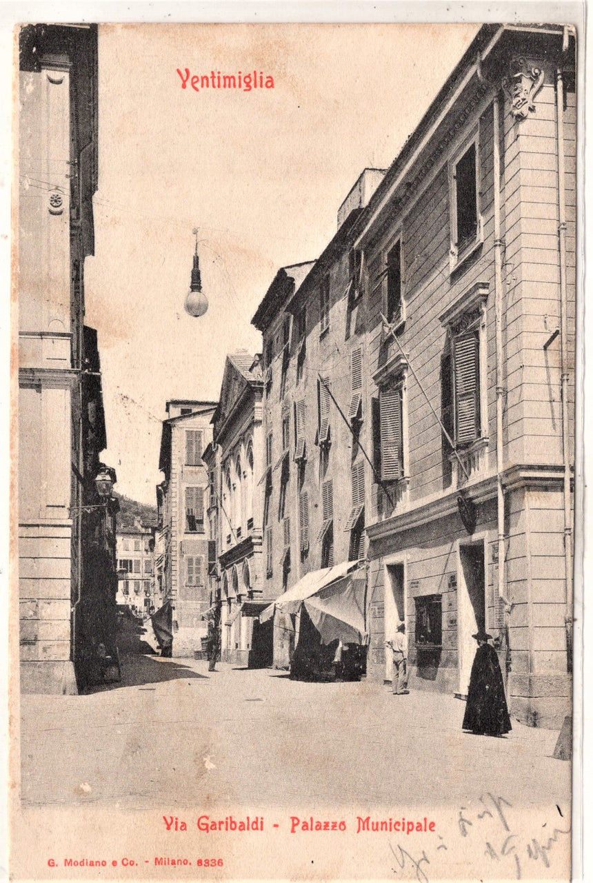 Cartolina antica Ventimiglia via Garibaldi palazzo Municipale