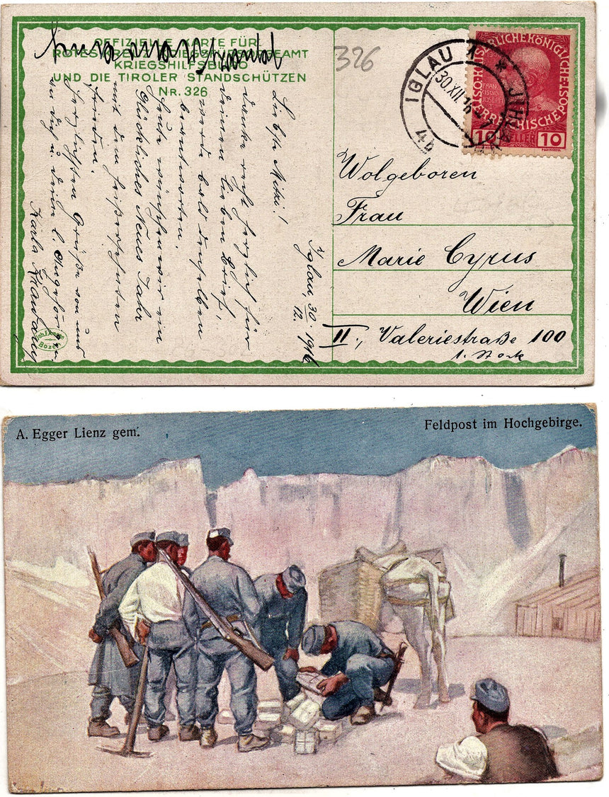 Cartolina antica Croce Rossa, Rotes Kreuz, Red Cross,Nr. 326 feldpost im hochgebirge dis Egger Lienz