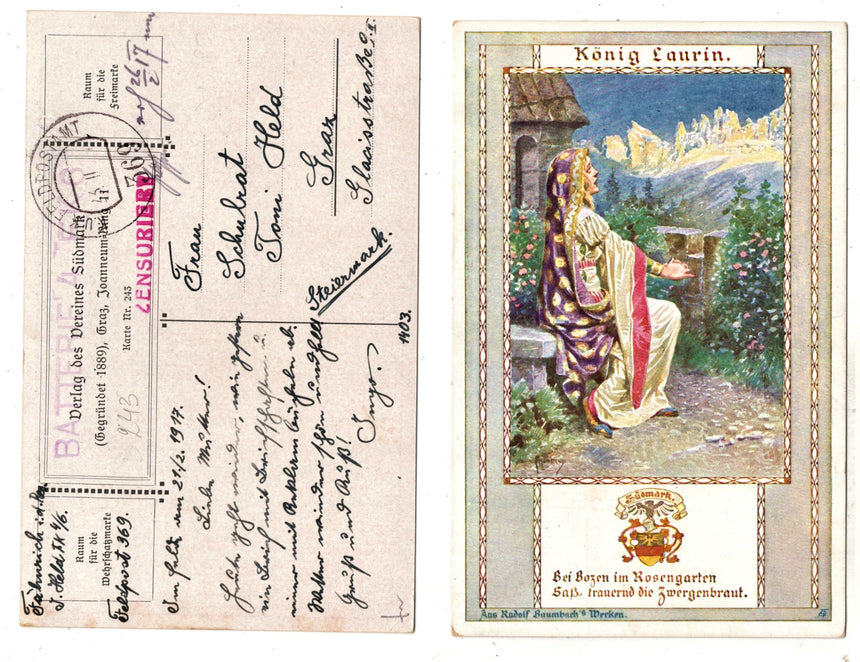 Cartolina antica Croce Rossa, Rote Kreutz, Red Cross Nr.Sudmark 243 Konig Laurin bei Bozen im Rosengarten