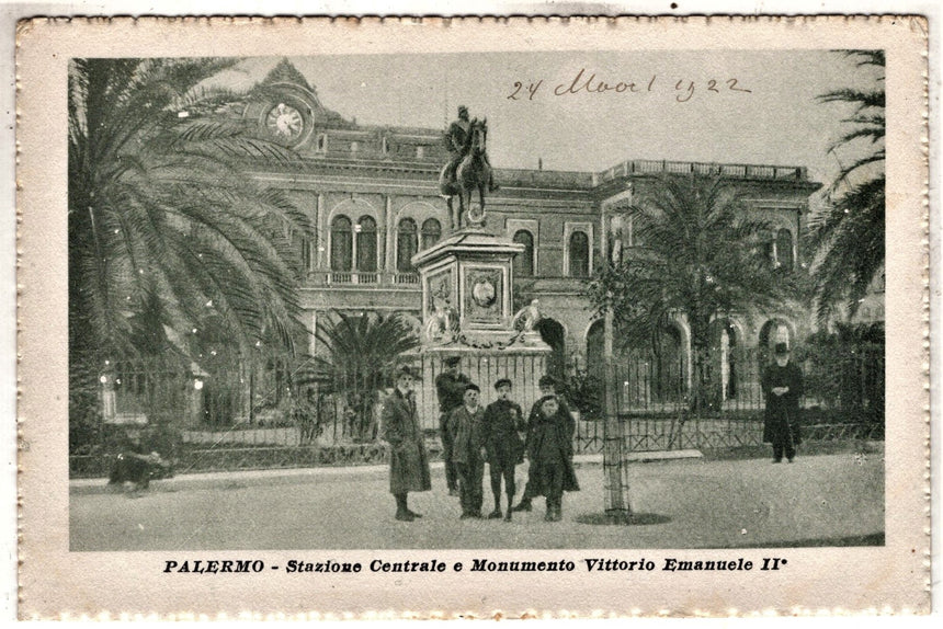 Cartolina antica Palermo stazione centrale e monumento a V.Emanuele