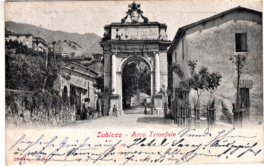 Cartolina antica Subiaco Arco Trionfale sped. In Svizzera