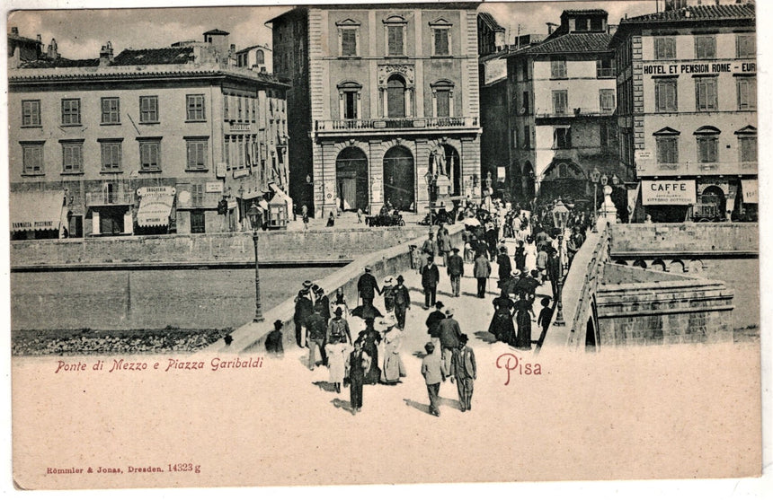 Cartolina antica Pisa ponte di mezzo e piazza Garibaldi