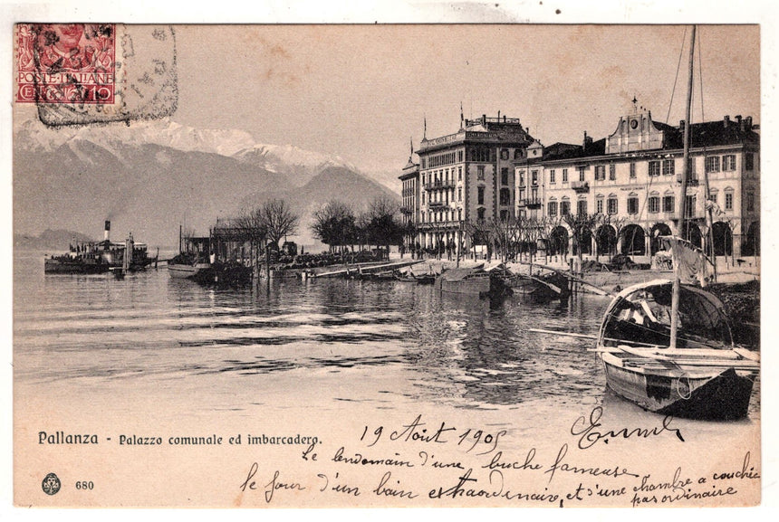 Cartolina antica Pallanza palazzo comunale e imbarcadero