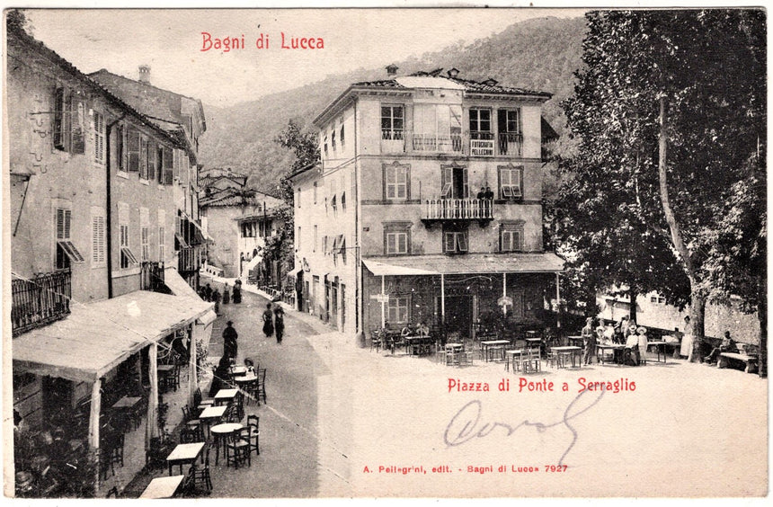 Cartolina antica Bagni di Lucca piazza di Ponte e Serraglio sped. A Horgen Sviz.