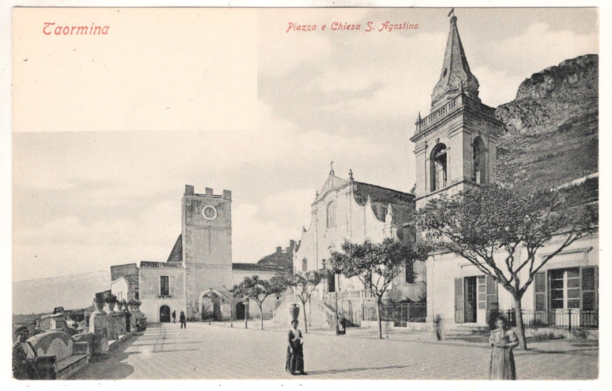 Cartolina antica Taormina piazza e chiesa San Agostino