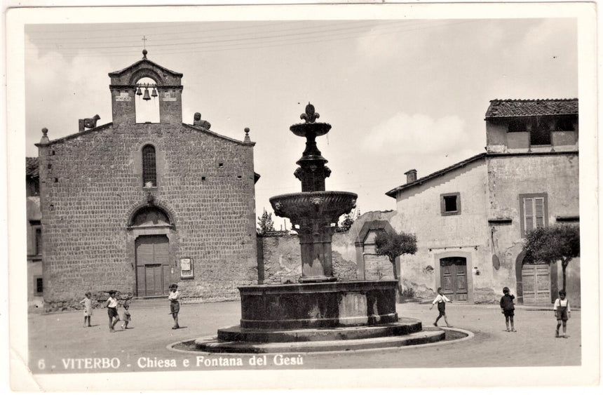 Cartolina antica Viterbo chiesa e fontana del Gesu