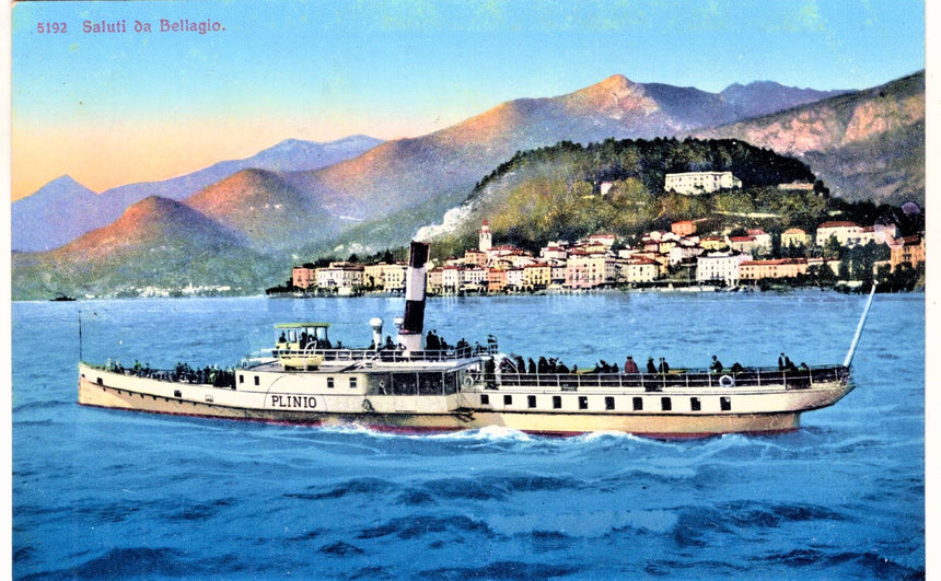 Cartolina antica Bellagio panorama con piroscafo Plinio