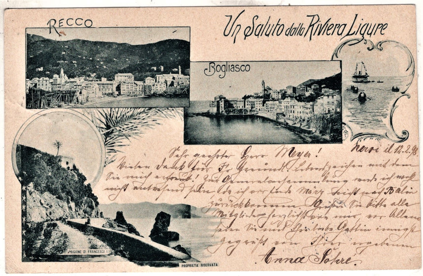 Cartolina antica Recco un saluto dalla riviera Ligure