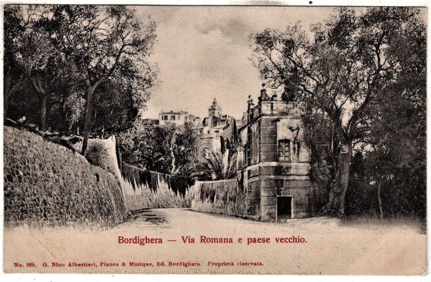 Cartolina antica Bordighera via Romana e paese vecchio