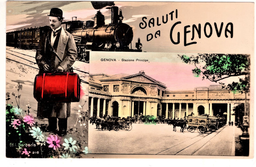 Cartolina antica Genova saluti stazione centrale