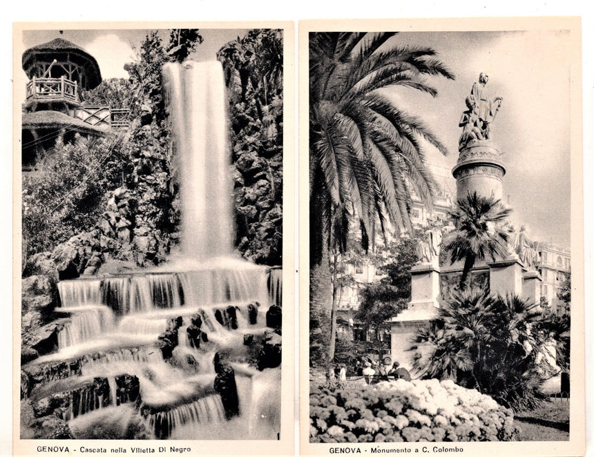 Cartolina antica Genova monum. A C. Colombo e cascata in villa Di Negro