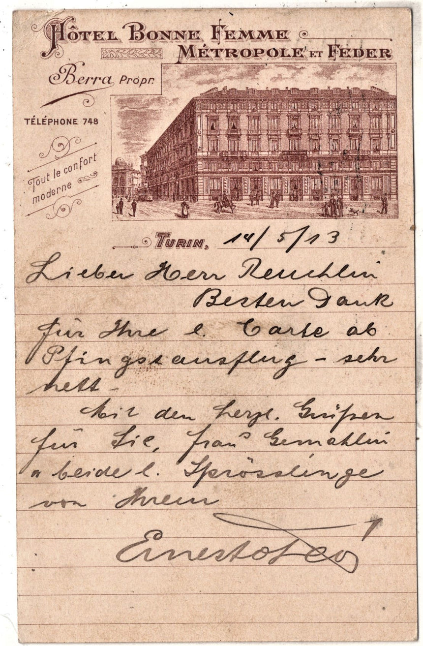 Cartolina antica Torino Hotel bonne femme metropole et feder