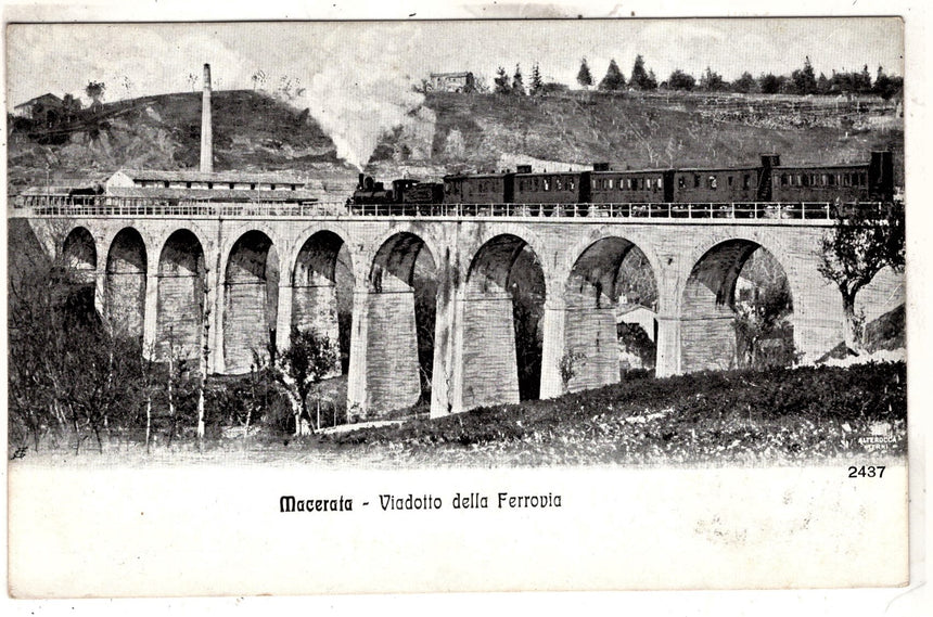 Cartolina antica Macerata treno sul viadotto ferroviario