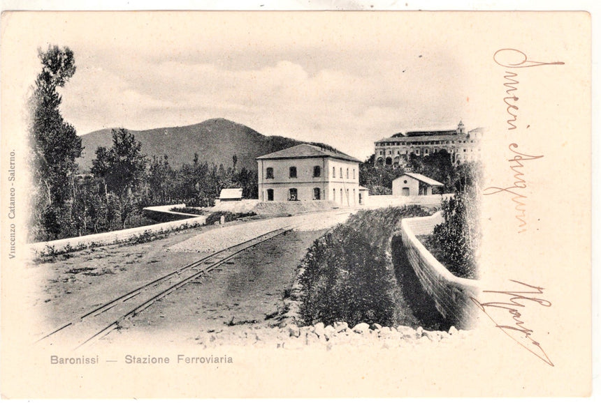 Cartolina antica Baronissi la stazione ferroviaria Salerno