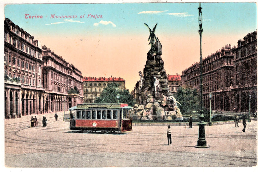 Cartolina antica Torino tram e monumento al Frejus