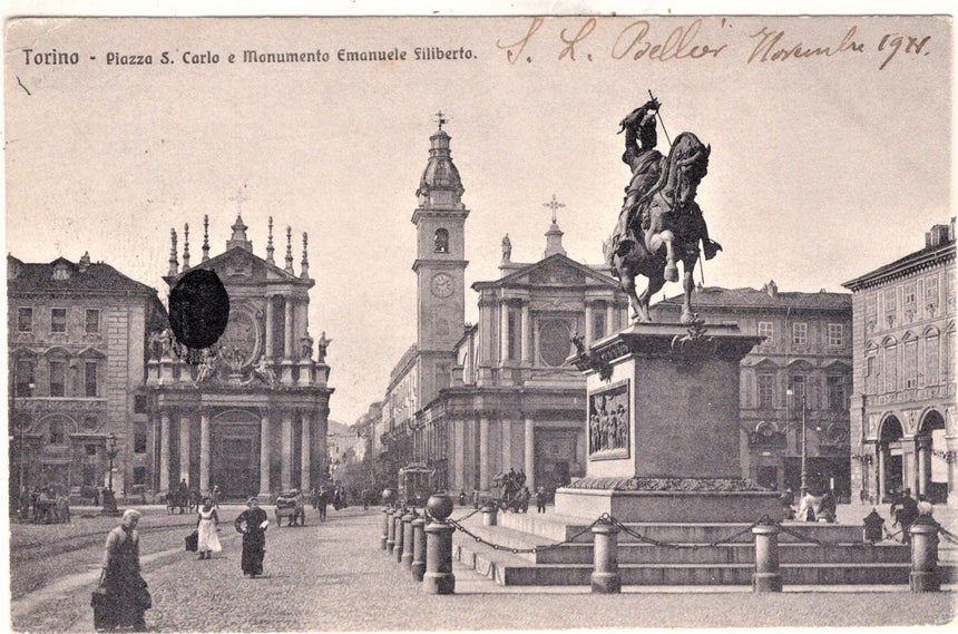 Cartolina antica Torino piazza San Carlo e mon. Emanuele Filiberto