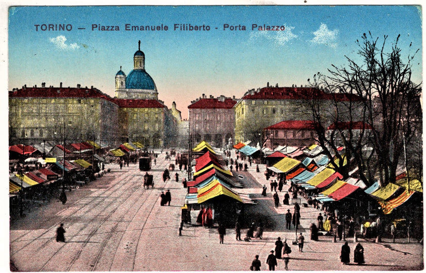 Cartolina antica Torino mercato in piazza Emanuele Filiberto