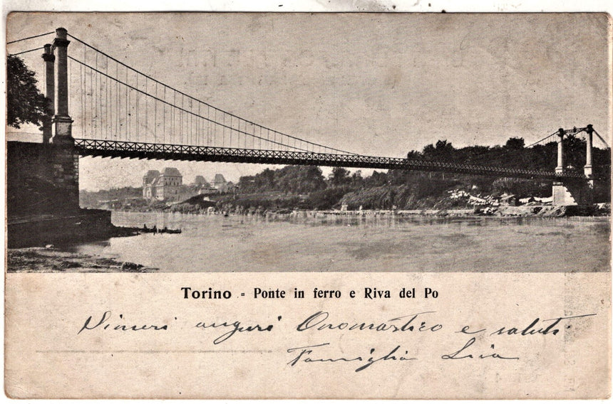 Cartolina antica Torino ponte in ferro e riva del Po