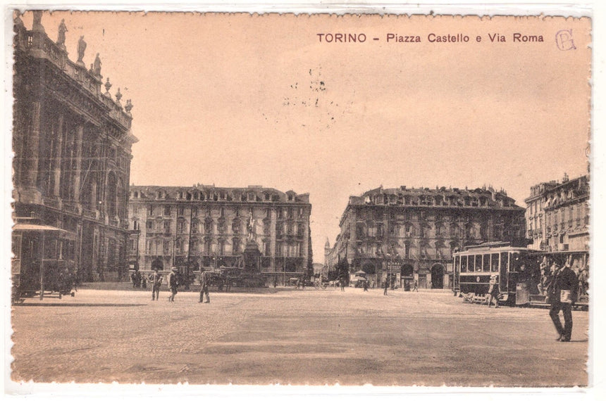 Cartolina antica Torino tram in piazza Castello e via Roma