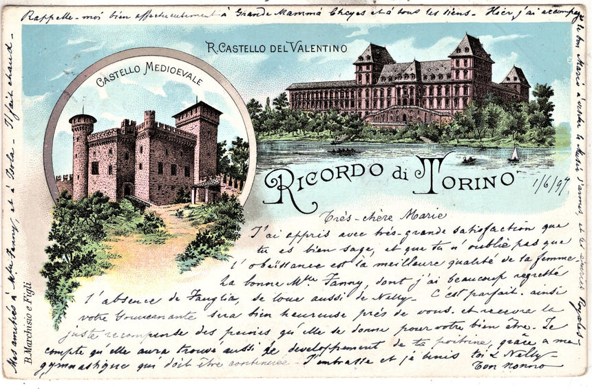 Cartolina antica Torino ricordo sped a Livorno