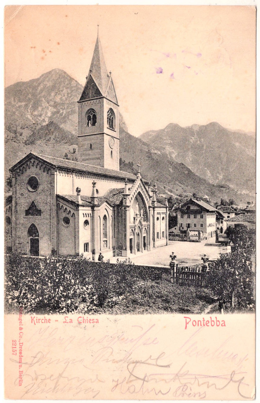 Cartolina antica Pontebba la chiesa Udine