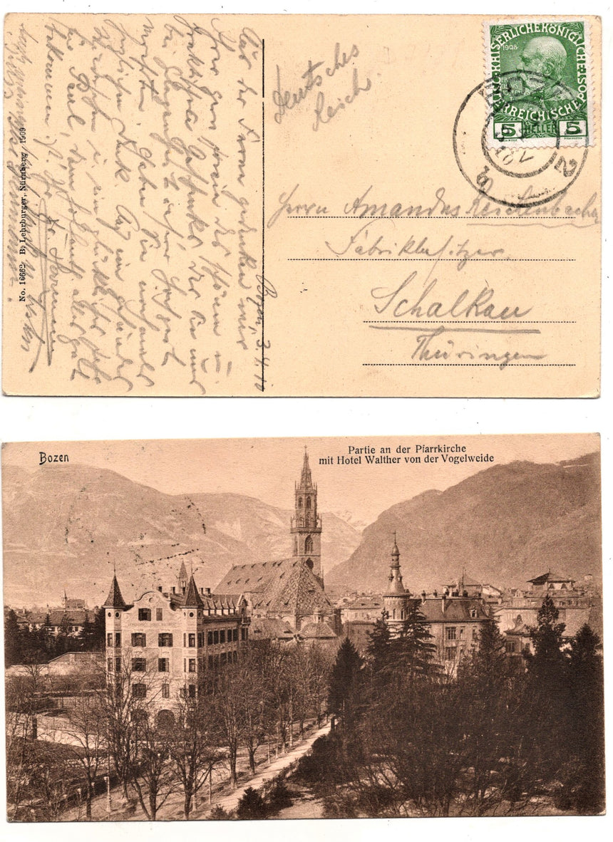 Cartolina Sudtirol Alto Adige Bolzano Bozen Pfarrkirche mit Hotel Walther | Collezionissimo