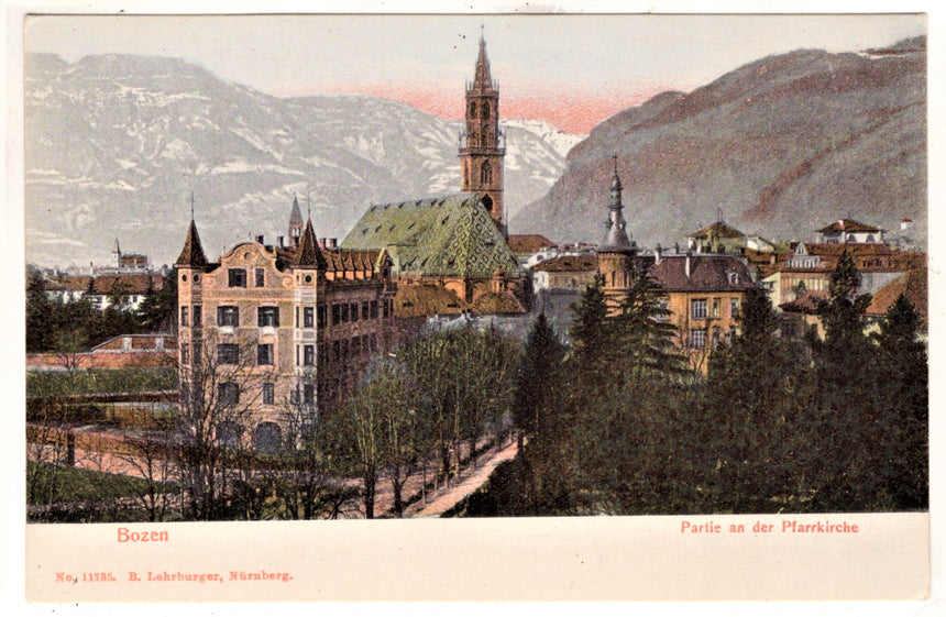 Cartolina Sudtirol Alto Adige Bolzano Bozen Pfarrkirche mit Hotel Walther | Collezionissimo