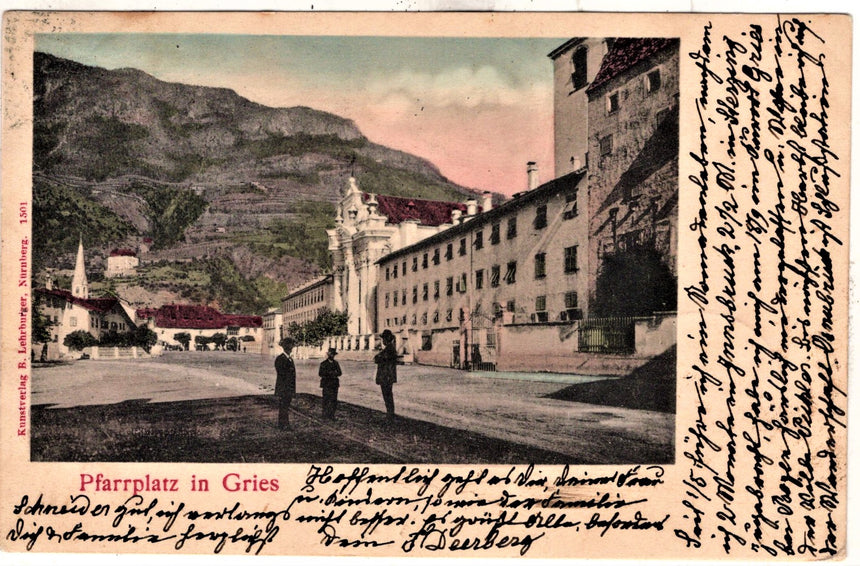 Cartolina Sudtirio Alto Adige Bolzano Bozen Pfarrplatz in Gries | Collezionissimo. Cartolina firmata e viaggiata