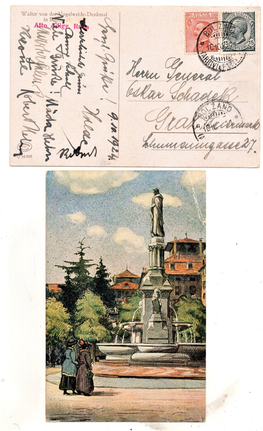 Cartolina Sudtirol Alto Adige Bolzano Bozen monumento a Walter vom der Vogelweide | Collezionissimo