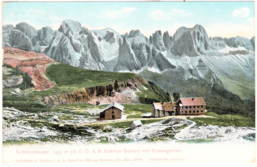 Cartolina Sudtirol Alto Adige Bolzano Bozen Schlernhauser mit Rosengarten | Collezionissimo. Cartolina firmata e viaggiata