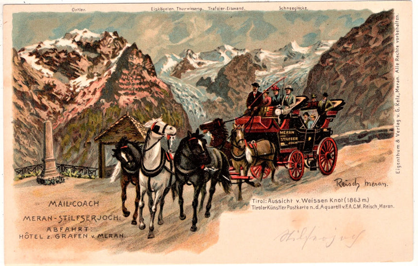 Cartolina Sudtirol Alto Adige Bolzano Bozen Meran Stilfserjoch dis. Reisch | Collezionissimo