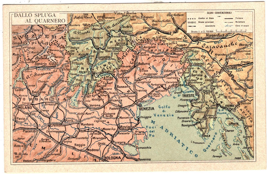 Cartolina Sudtirol Alto Adige Bolzano Bozen Cartina geografica Dallo Spluga al Quarnero | Collezionissimo