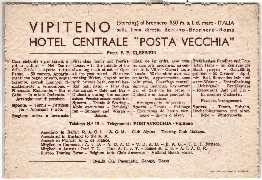 Cartolina Sudtirol Alto Adige Bolzano Bozen Vipiteno Sterzing Hotel Centrale Posta Vecchia | Collezionissimo. Cartolina firmata e viaggiata